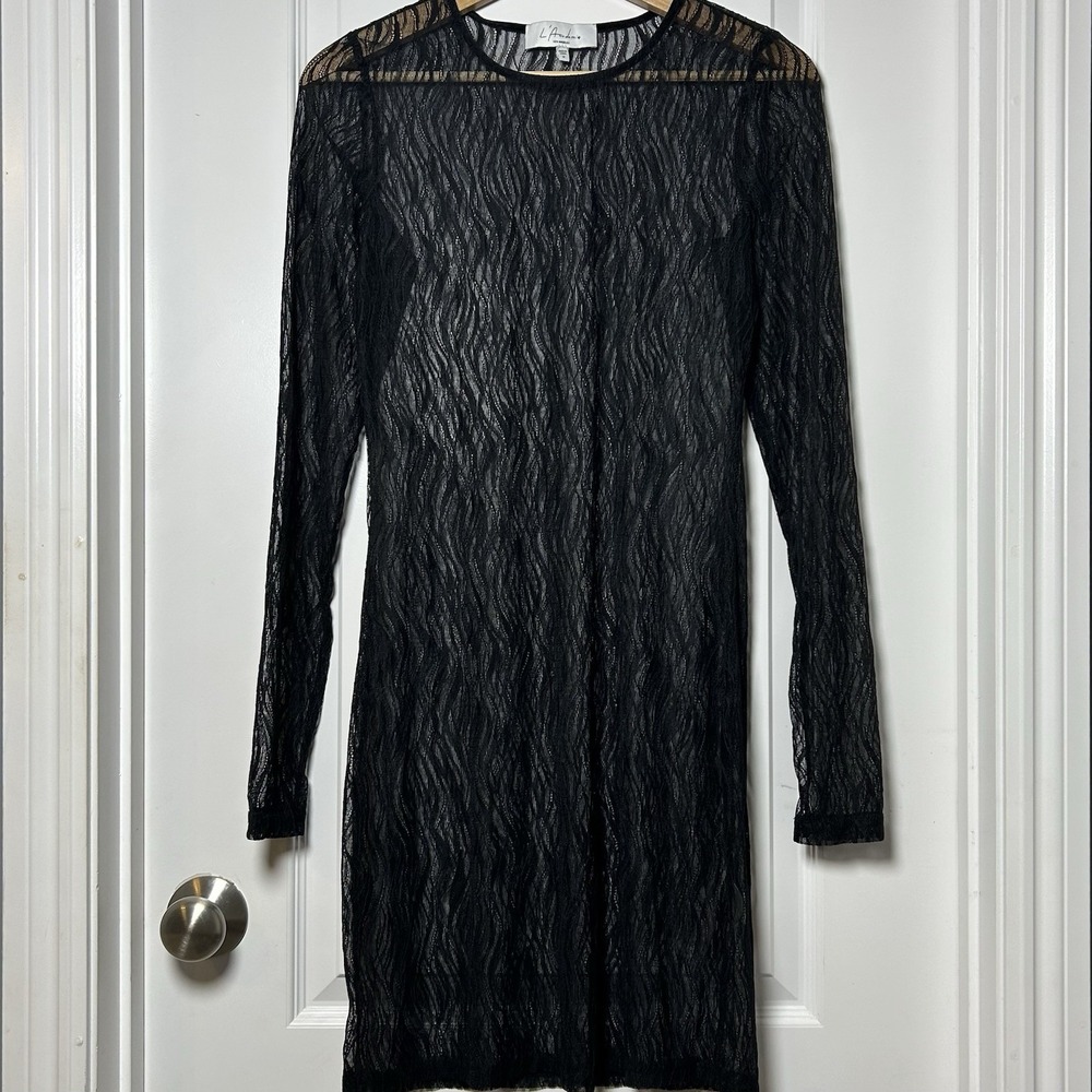 L'Academie Los Angeles Revolve Black Sheer Mesh Wave Lace Long Sleeve Mini Dress
